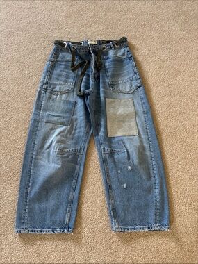 We The Free Distressed Patchwork Blue Jeans